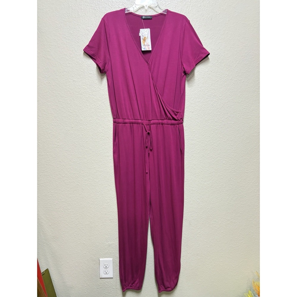 PrettyGarden Magenta Short Sleeve Jumpsuit Drawstring Waist Pockets Size L